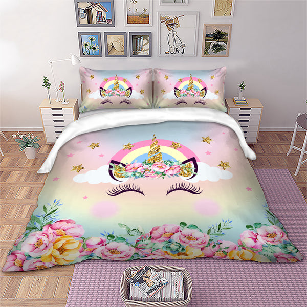 Cute Unicorn Bedding Duvet Cover Sets Twin Size 3 Pieces Smile Unicorn Pattern for Girls Bed Comforter Cover Set Pink Blue (2 Pillowcases, 1 Duvet Cover,NO Duvet Inside)