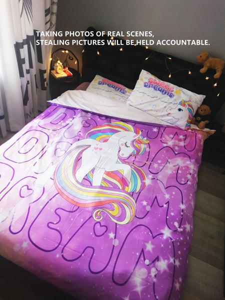 Cartoon Unicorn Bedding Set Duvet Cover 3 Pieces Cute Dream Unicorn Pattern Comforter Cover Sets for Little Girls Kids Teen Twin Size Hot Pink (2-Pillowcases, 1-Duvet Cover. NOT Comforter Inside)