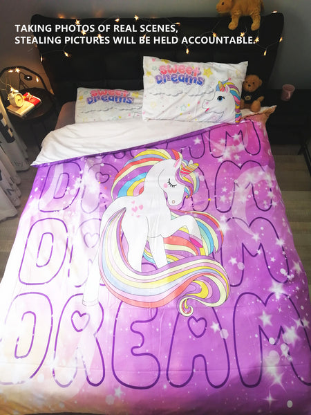 Cartoon Unicorn Bedding Set Duvet Cover 3 Pieces Cute Dream Unicorn Pattern Comforter Cover Sets for Little Girls Kids Teen Twin Size Hot Pink (2-Pillowcases, 1-Duvet Cover. NOT Comforter Inside)