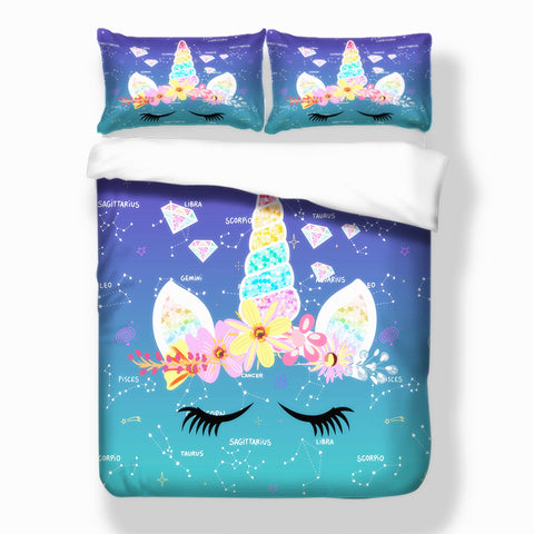 Magic Unicorn Bedding Duvet Cover Sets 3 Pieces Twin Size Constellation Eyelash Unicorn Pattern Comforter Cover Set for Girls Kids Teen Ombre Blue (2-Pillowcases, 1-Duvet Cover. Not Comforter Inside)