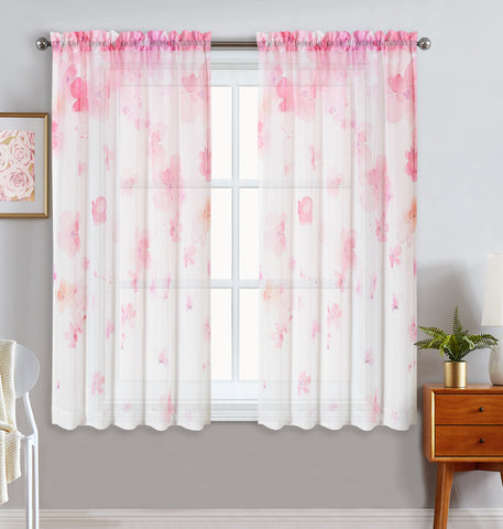 2 Panels Sheer Curtains 63"/84" Length Basic Rod Pocket Semi Sheer Watercolor Floating Flowers Voile Window Curtains for Girl Kids Women Bedroom Living Room Decor (White/Peach Blossom/ W52 x L63)